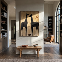 Moonlit Horse Rise into Light - two horse painting by Isabelle Laurent, modern Western vertical wall art – styled room scene view 5