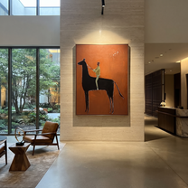 Wild Grace Rise into Light - horse and rider painting by Isabelle Laurent, modern Western vertical wall art – styled room scene view 1