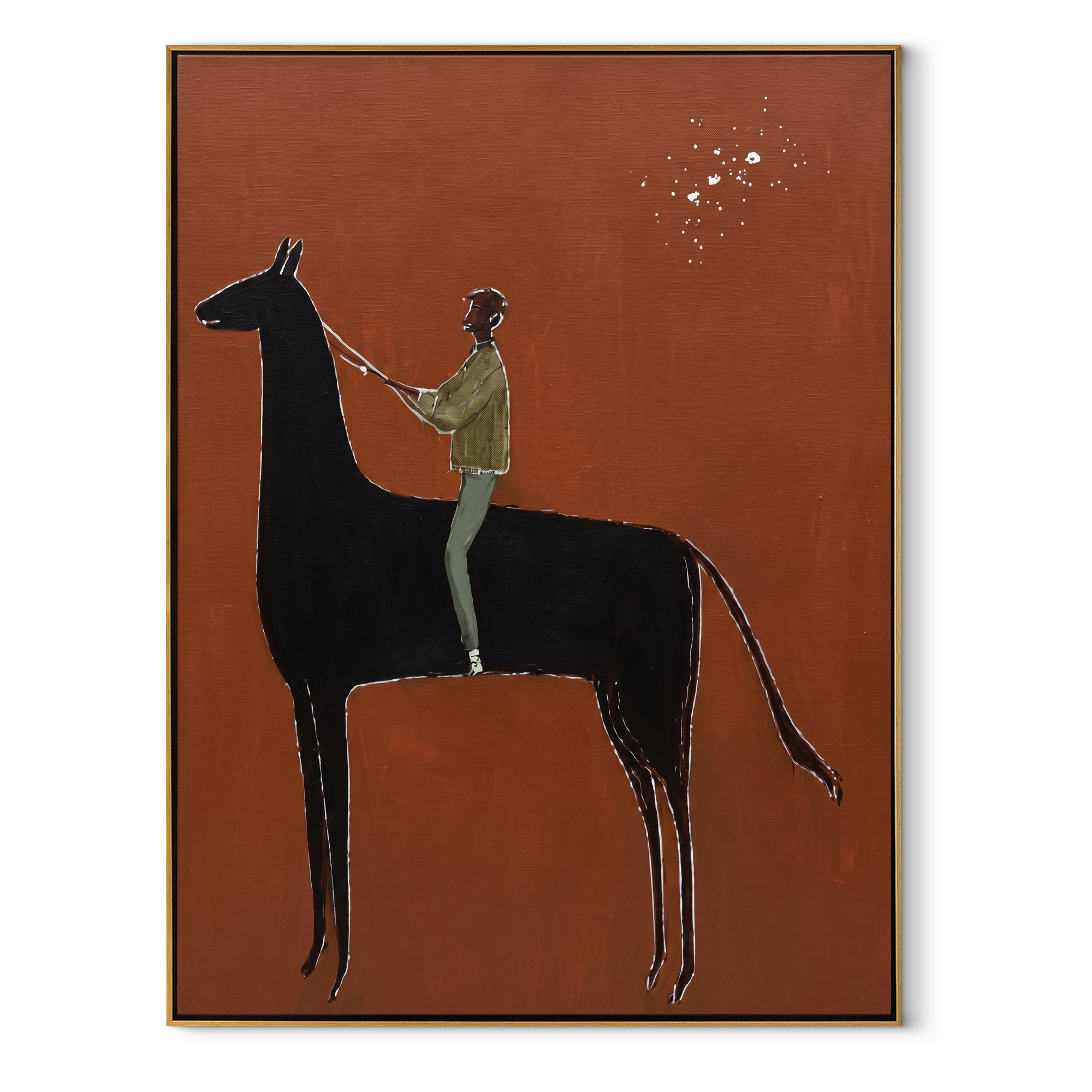 Wild Grace Rise into Light - horse and rider painting by Isabelle Laurent, modern Western vertical wall art – wood frame on white background