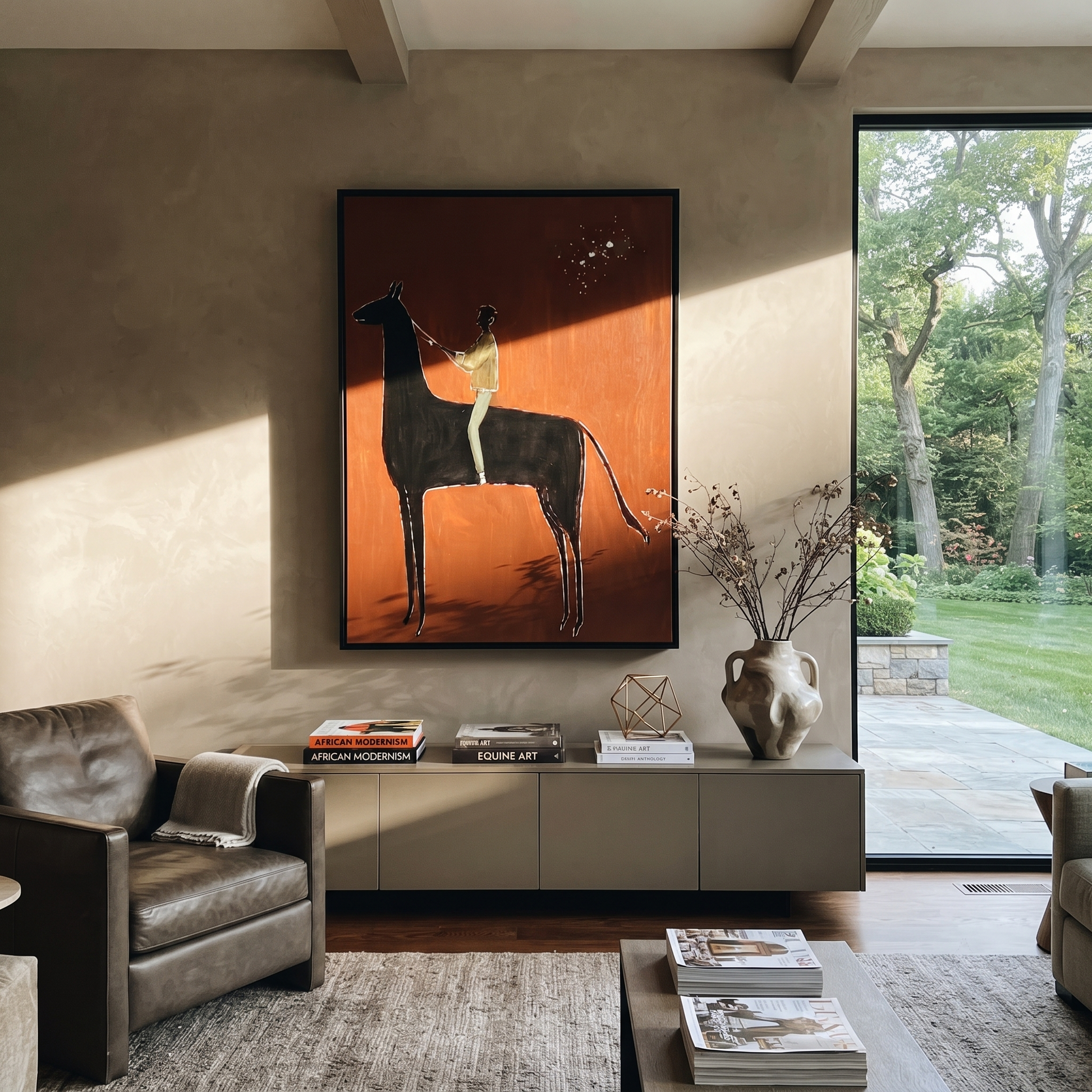 Wild Grace Rise into Light - horse and rider painting by Isabelle Laurent, modern Western vertical wall art – styled room scene view 2