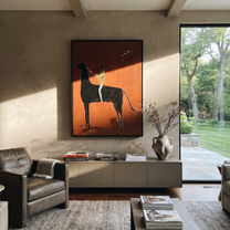 Wild Grace Rise into Light - horse and rider painting by Isabelle Laurent, modern Western vertical wall art – styled room scene view 2
