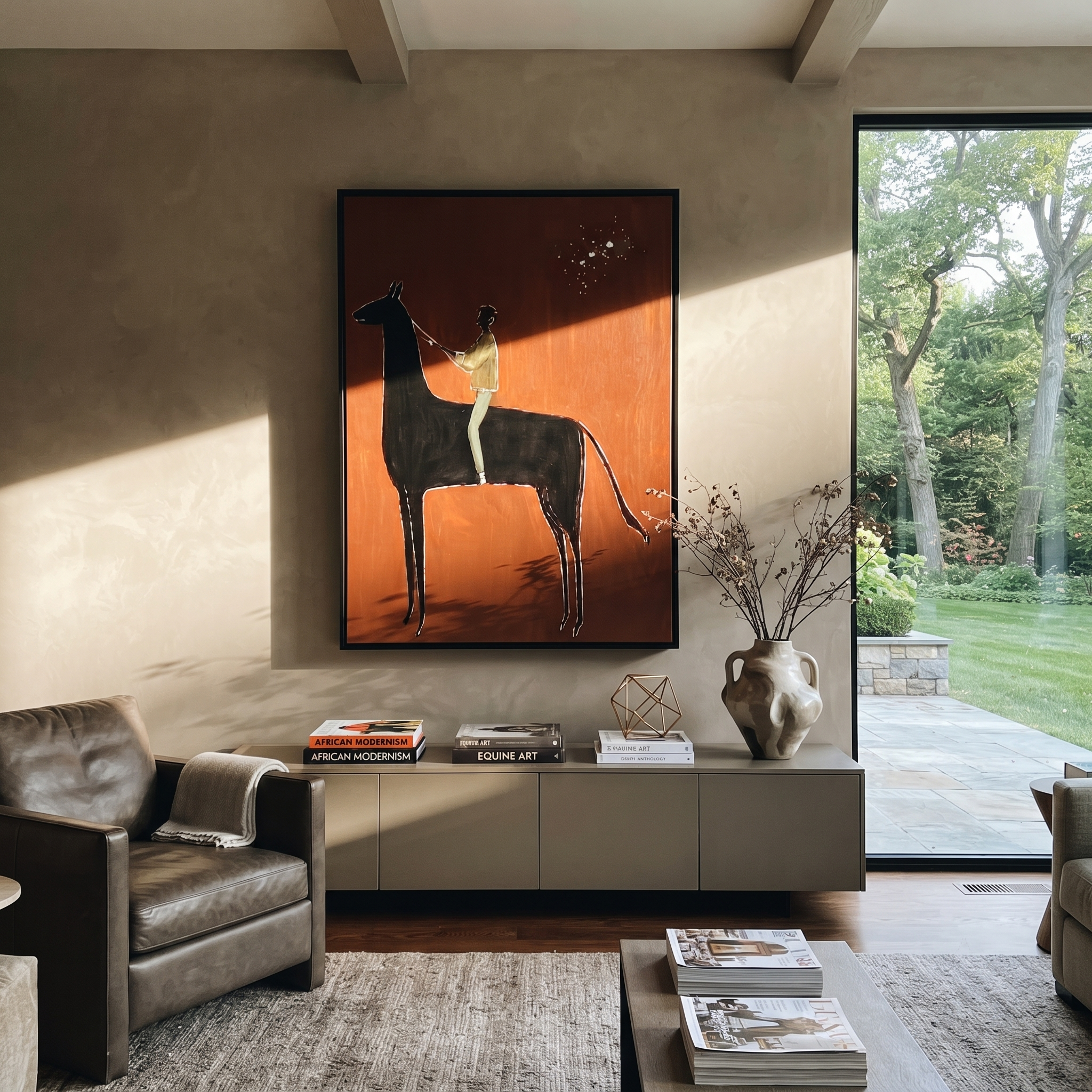 Wild Grace Rise into Light - horse and rider painting by Isabelle Laurent, modern Western vertical wall art – styled room scene view 2