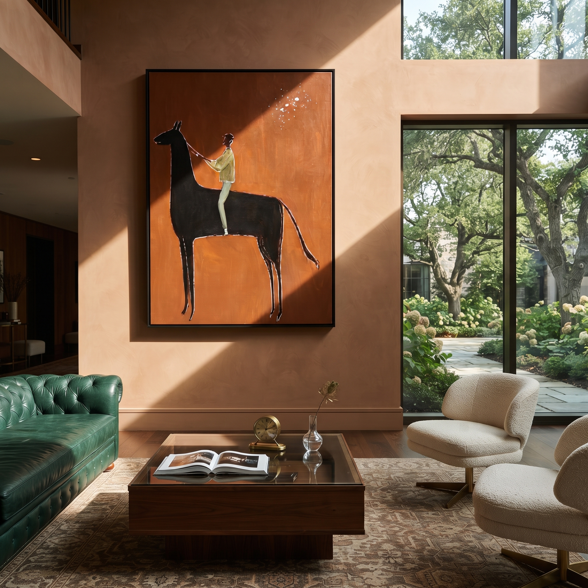 Wild Grace Rise into Light - horse and rider painting by Isabelle Laurent, modern Western vertical wall art – styled room scene view 3