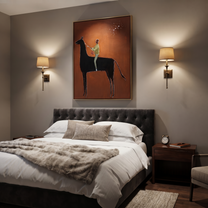 Wild Grace Rise into Light - horse and rider painting by Isabelle Laurent, modern Western vertical wall art – styled room scene view 4