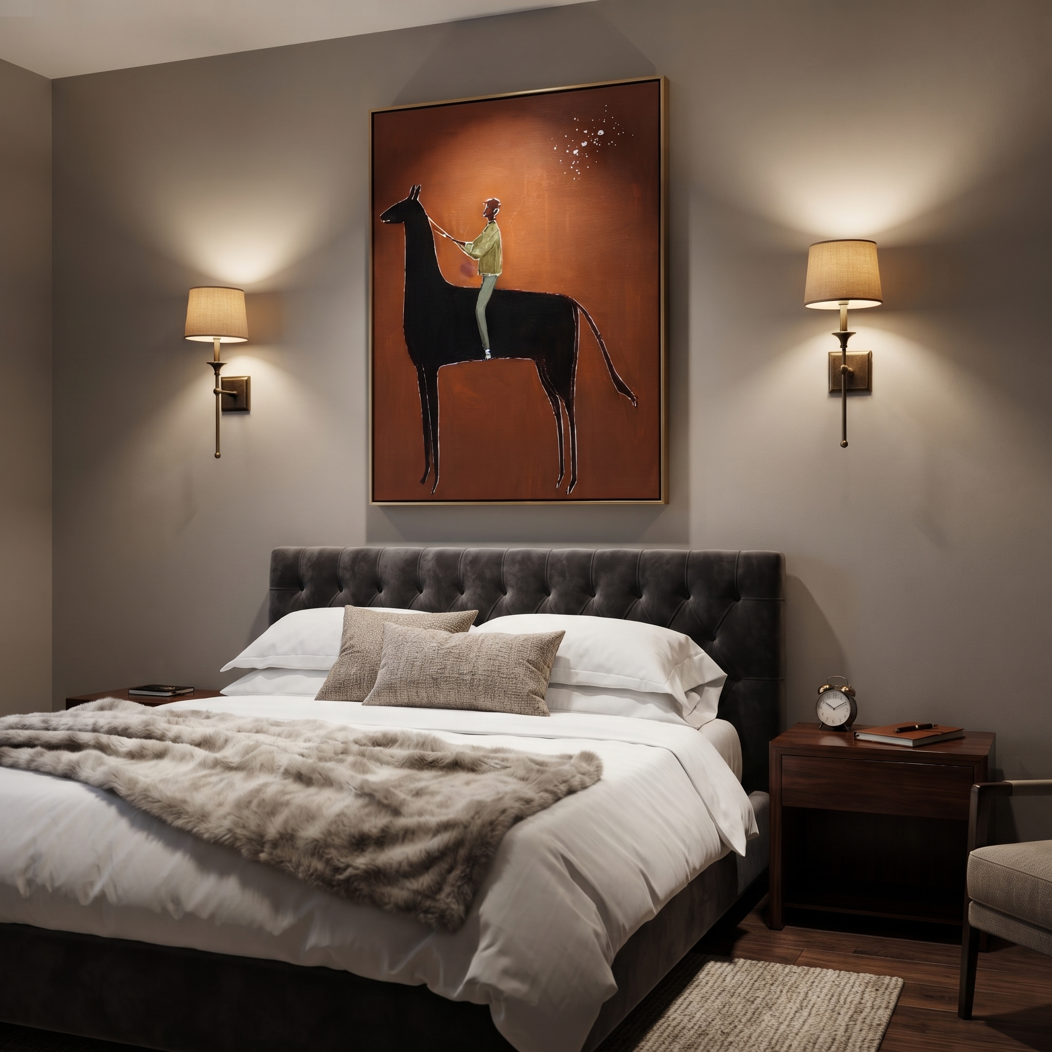 Wild Grace Rise into Light - horse and rider painting by Isabelle Laurent, modern Western vertical wall art – styled room scene view 4