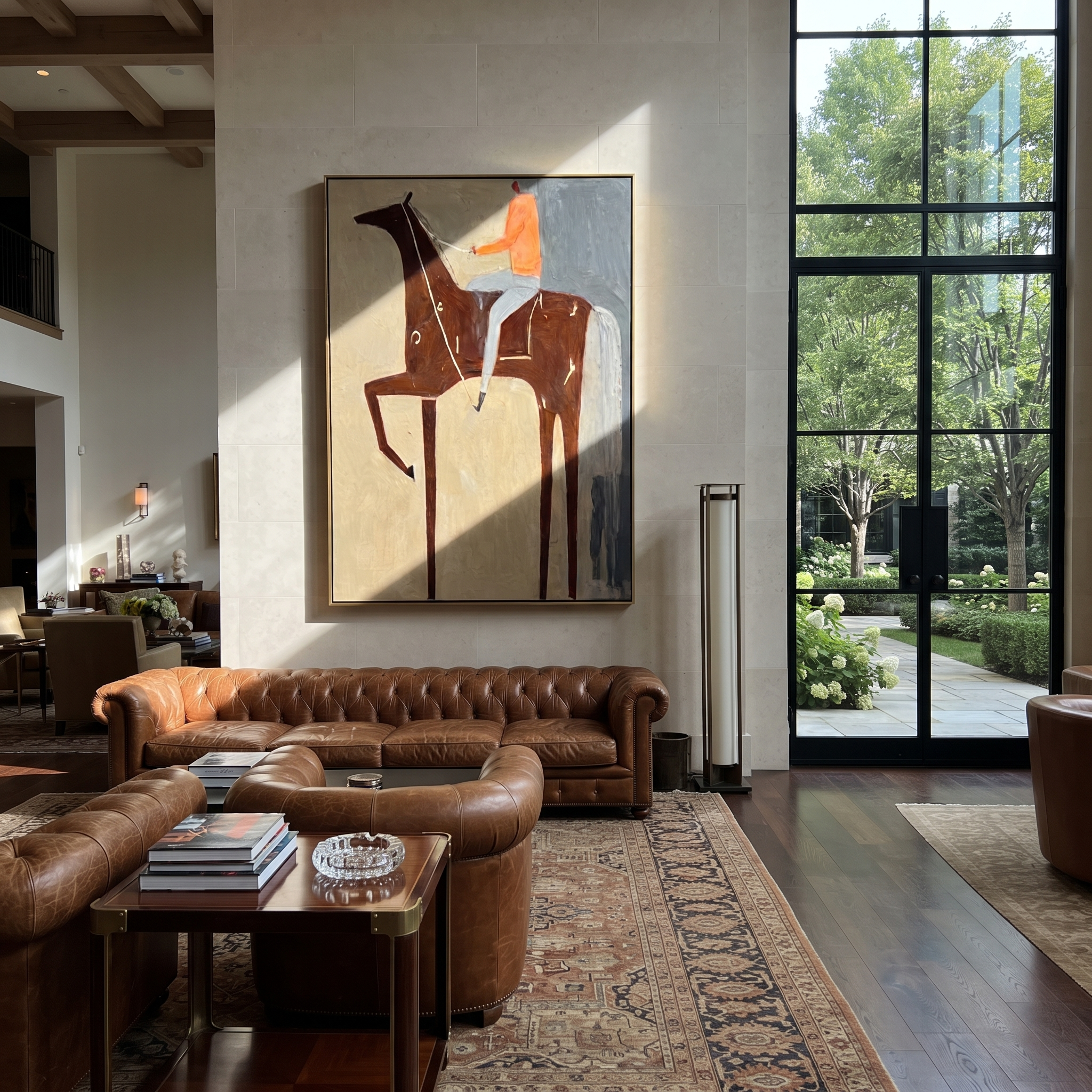 Sage Horizon Rise into Light - horse and rider painting by Isabelle Laurent, modern Western vertical wall art – styled room scene view 1