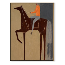 Sage Horizon Rise into Light - horse and rider painting by Isabelle Laurent, modern Western vertical wall art – wood frame on white background