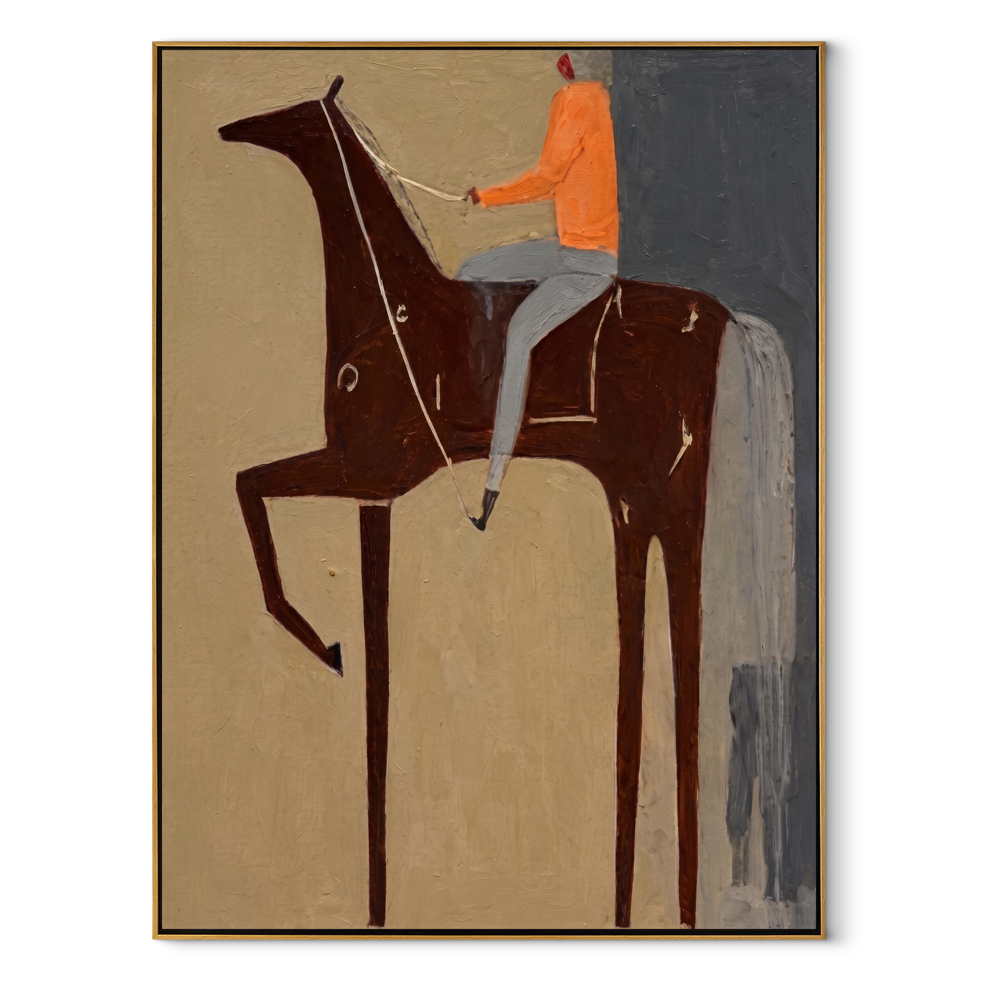 Sage Horizon Rise into Light - horse and rider painting by Isabelle Laurent, modern Western vertical wall art – wood frame on white background