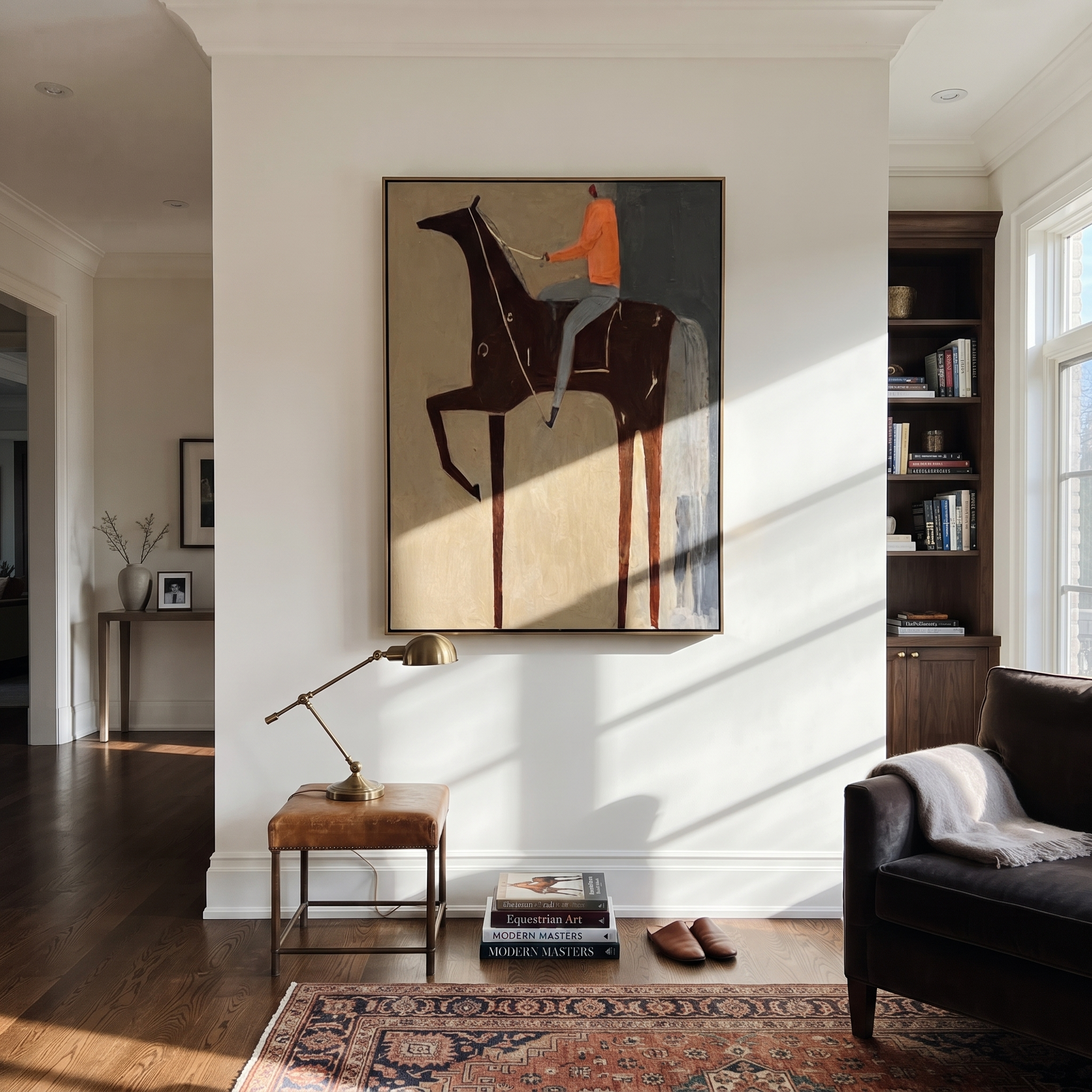 Sage Horizon Rise into Light - horse and rider painting by Isabelle Laurent, modern Western vertical wall art – styled room scene view 2
