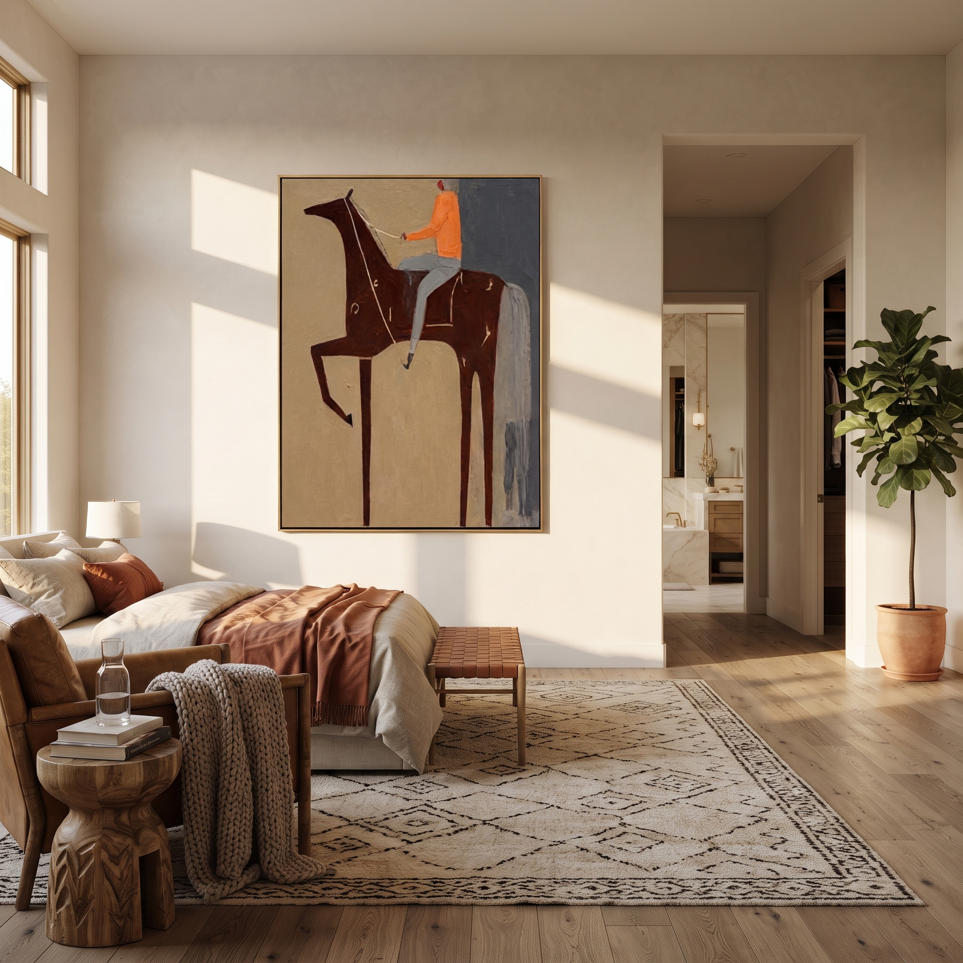 Sage Horizon Rise into Light - horse and rider painting by Isabelle Laurent, modern Western vertical wall art – styled room scene view 3