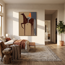 Sage Horizon Rise into Light - horse and rider painting by Isabelle Laurent, modern Western vertical wall art – styled room scene view 3