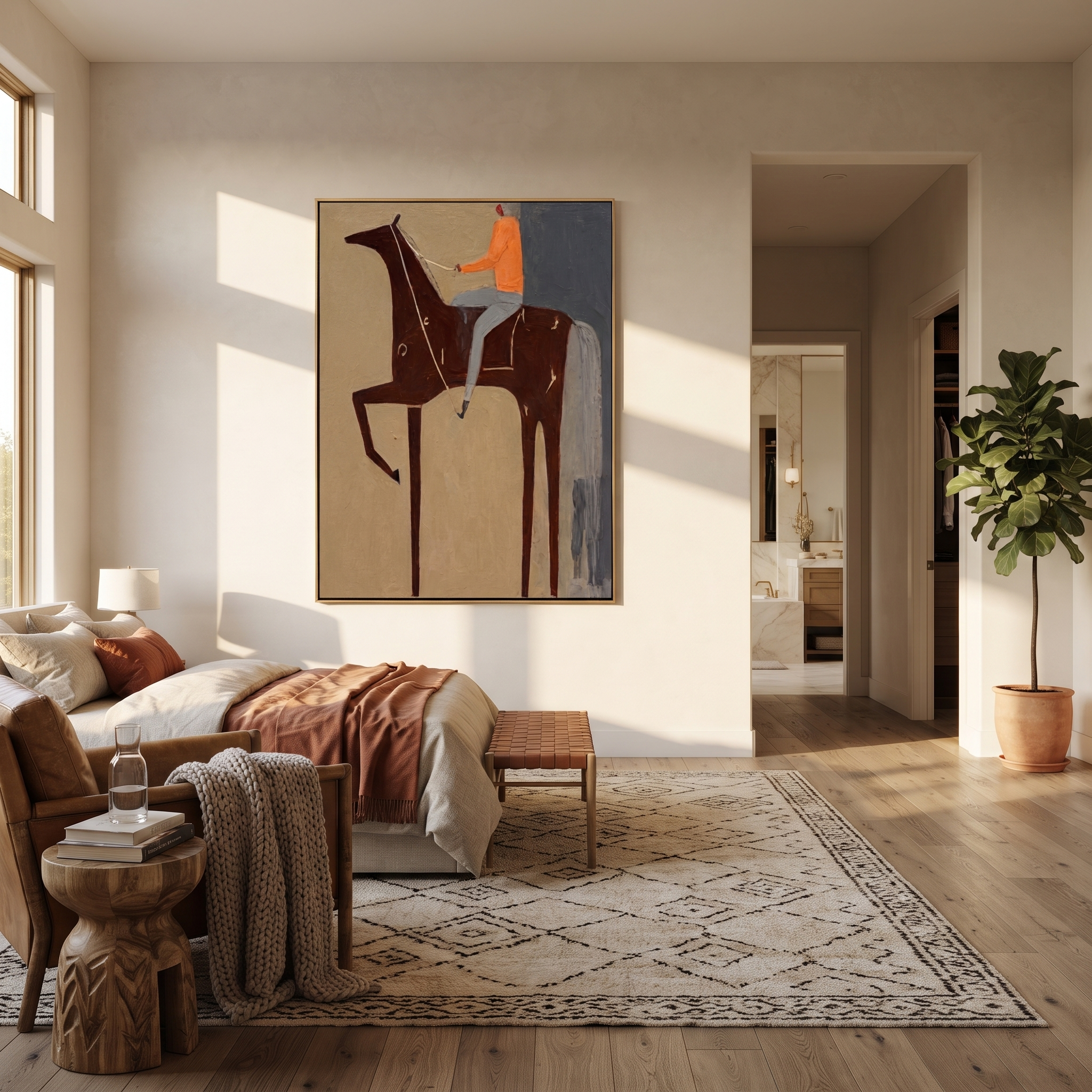 Sage Horizon Rise into Light - horse and rider painting by Isabelle Laurent, modern Western vertical wall art – styled room scene view 3