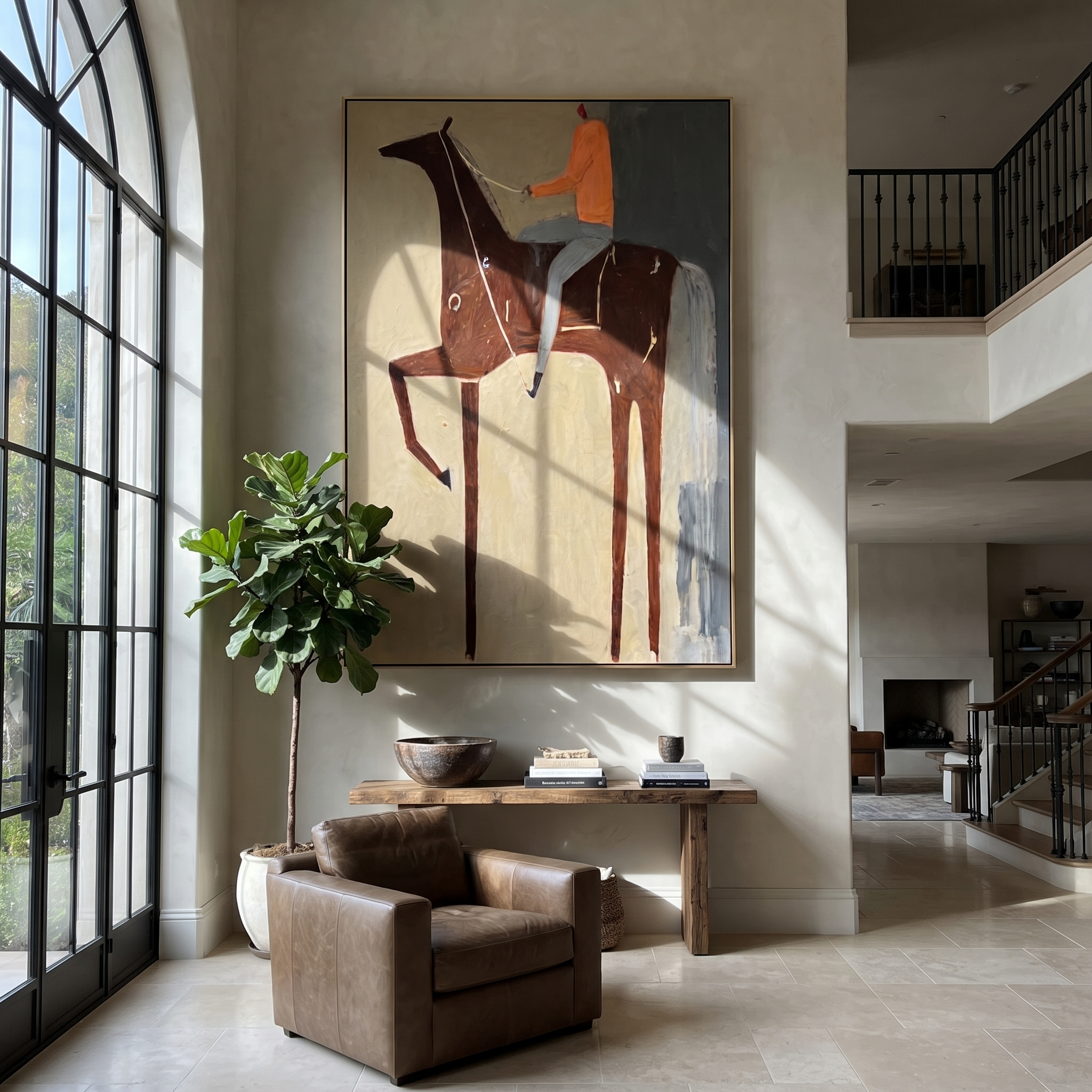 Sage Horizon Rise into Light - horse and rider painting by Isabelle Laurent, modern Western vertical wall art – styled room scene view 4