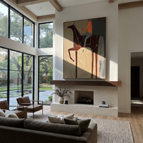 Sage Horizon Rise into Light - horse and rider painting by Isabelle Laurent, modern Western vertical wall art – styled room scene view 5