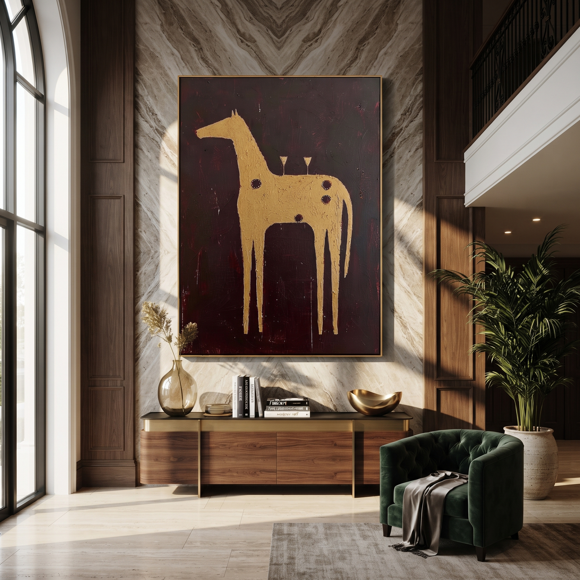 Amber Trail Rise into Light - folk horse painting by Isabelle Laurent, modern Western vertical wall art – styled room scene view 1