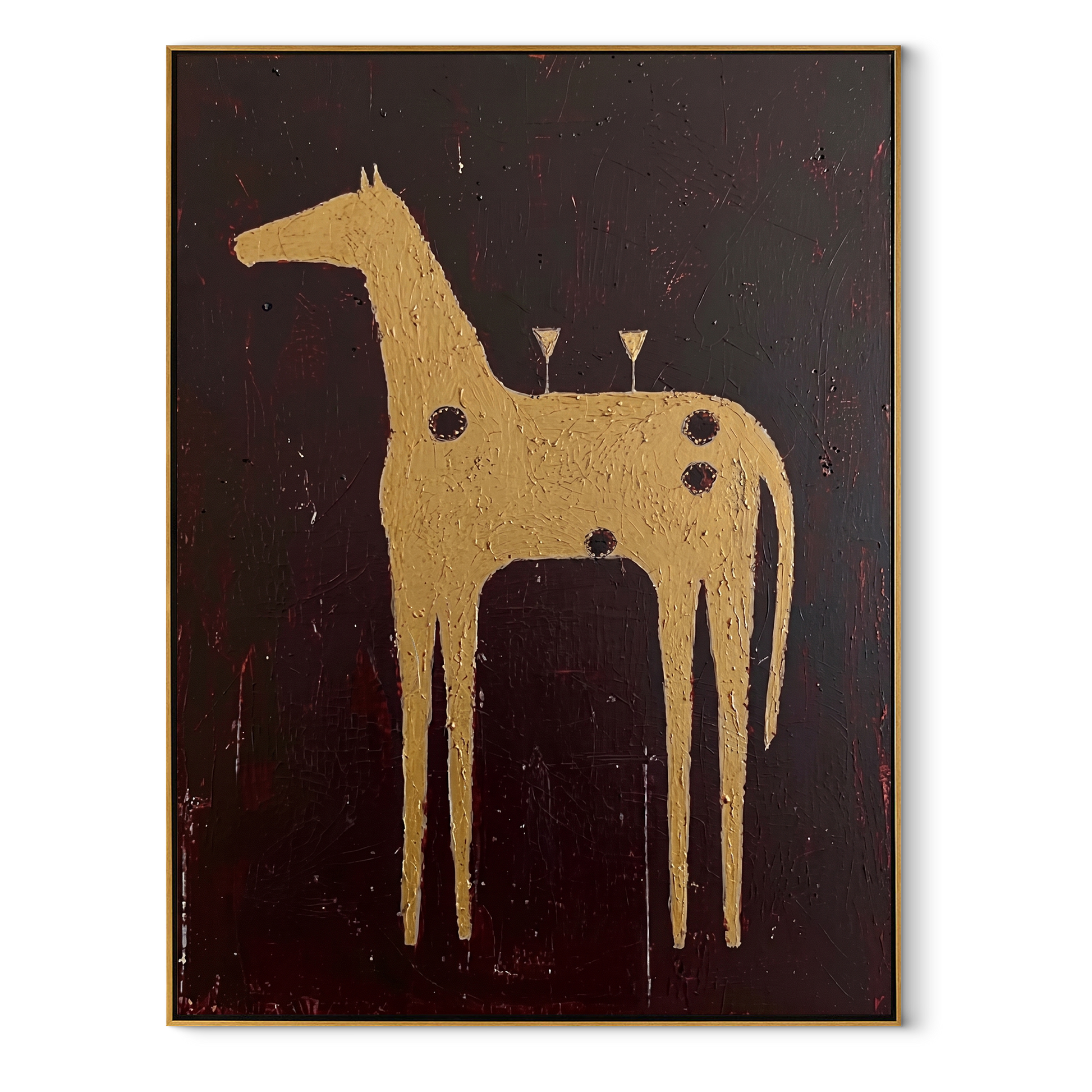 Amber Trail Rise into Light - folk horse painting by Isabelle Laurent, modern Western vertical wall art – wood frame on white background