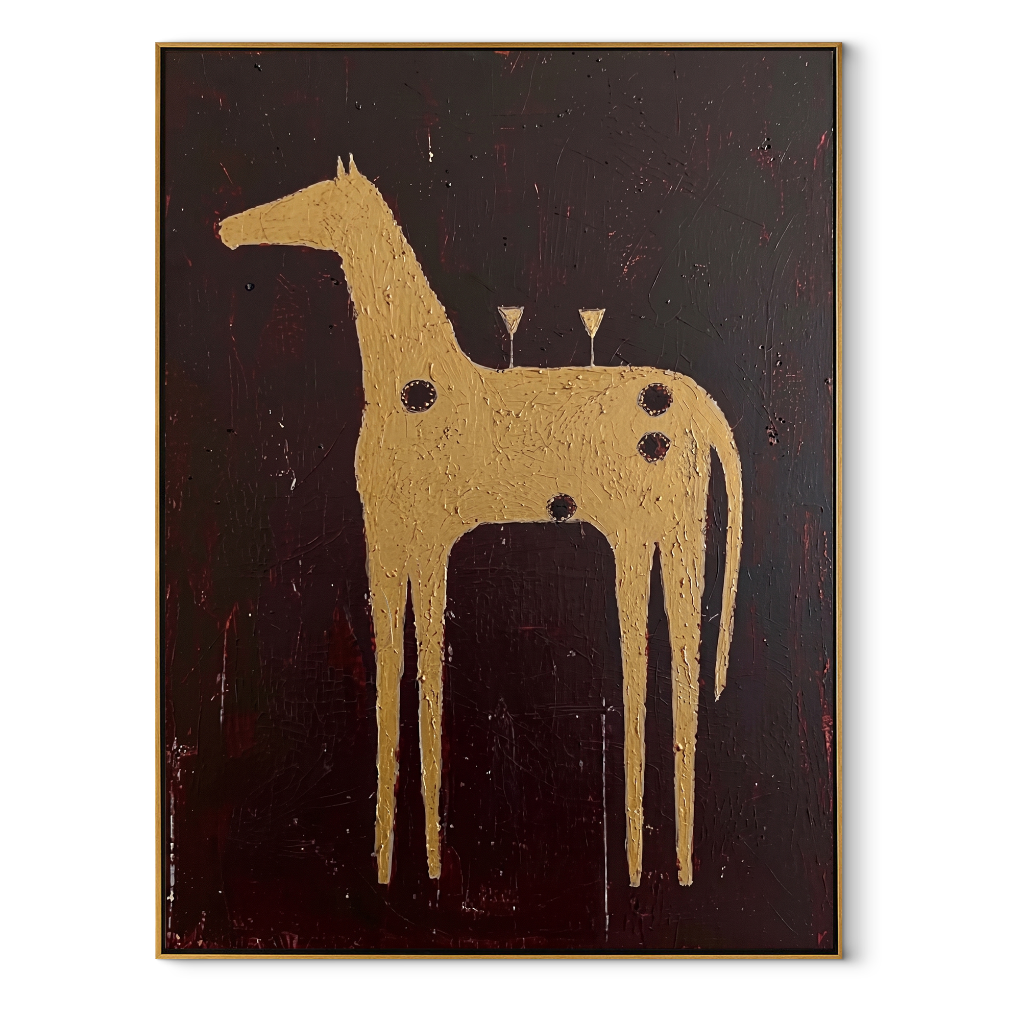 Amber Trail Rise into Light - folk horse painting by Isabelle Laurent, modern Western vertical wall art – wood frame on white background