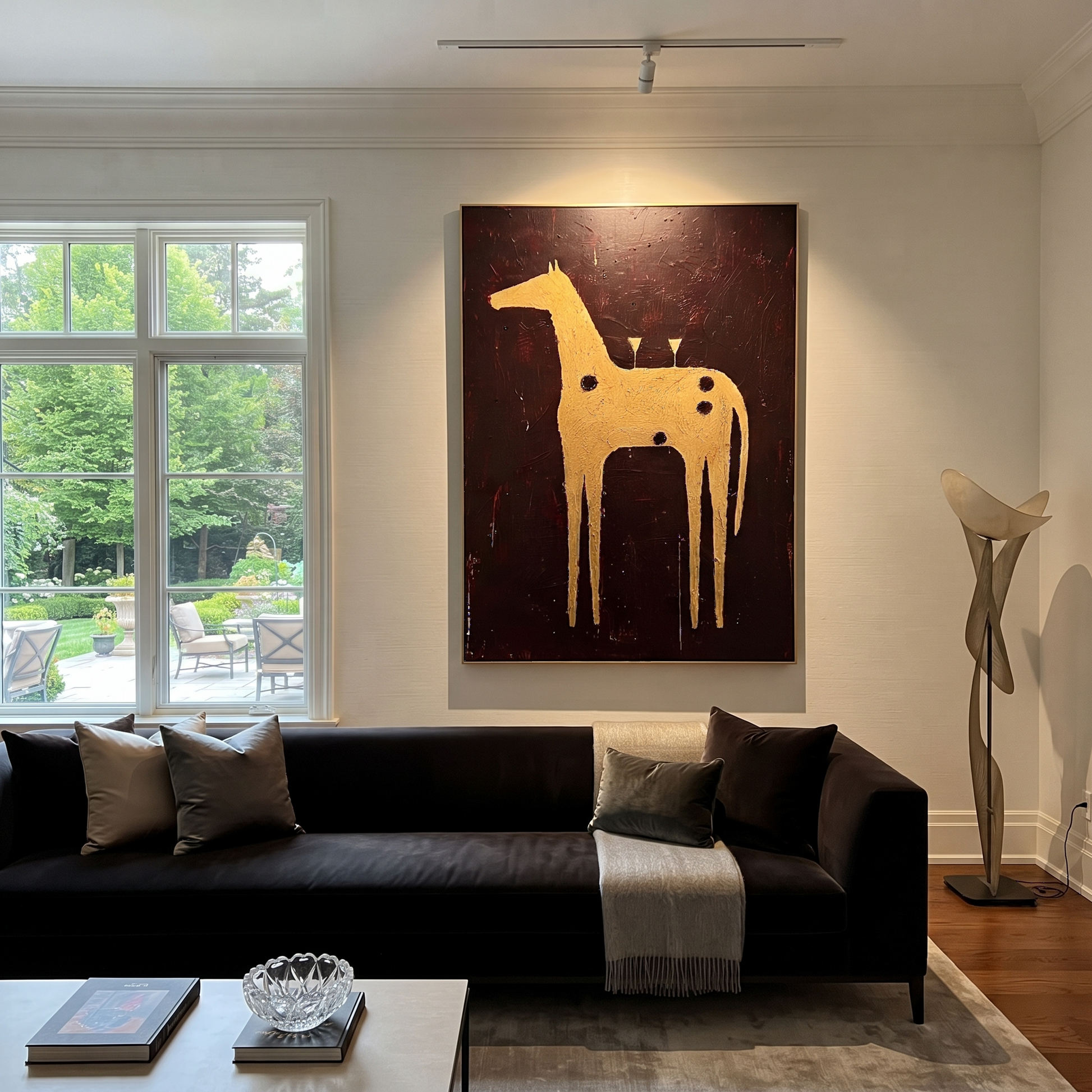 Amber Trail Rise into Light - folk horse painting by Isabelle Laurent, modern Western vertical wall art – styled room scene view 2