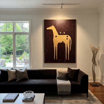 Amber Trail Rise into Light - folk horse painting by Isabelle Laurent, modern Western vertical wall art – styled room scene view 2