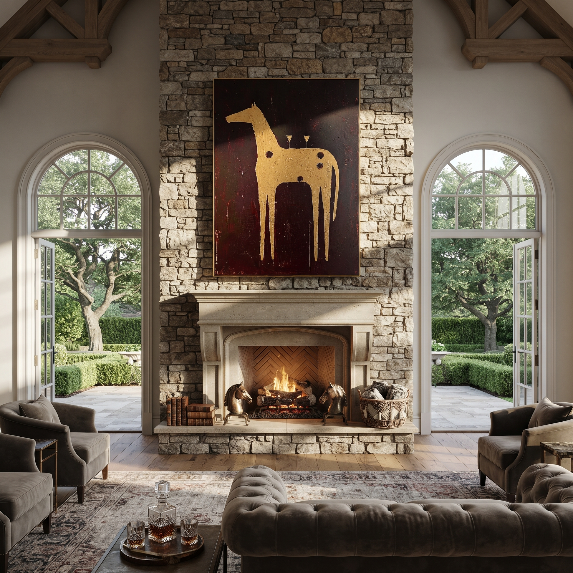 Amber Trail Rise into Light - folk horse painting by Isabelle Laurent, modern Western vertical wall art – styled room scene view 3