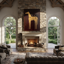 Amber Trail Rise into Light - folk horse painting by Isabelle Laurent, modern Western vertical wall art – styled room scene view 3