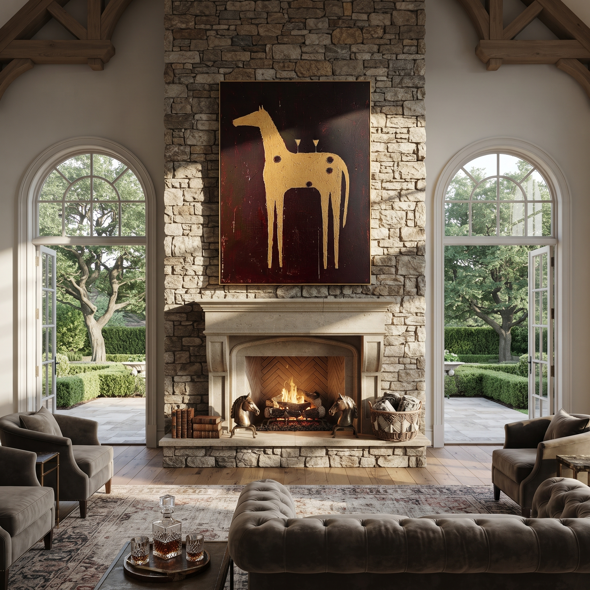 Amber Trail Rise into Light - folk horse painting by Isabelle Laurent, modern Western vertical wall art – styled room scene view 3