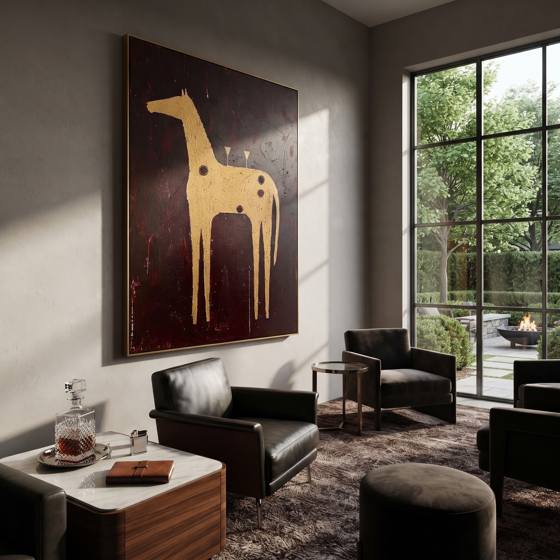 Amber Trail Rise into Light - folk horse painting by Isabelle Laurent, modern Western vertical wall art – styled room scene view 4