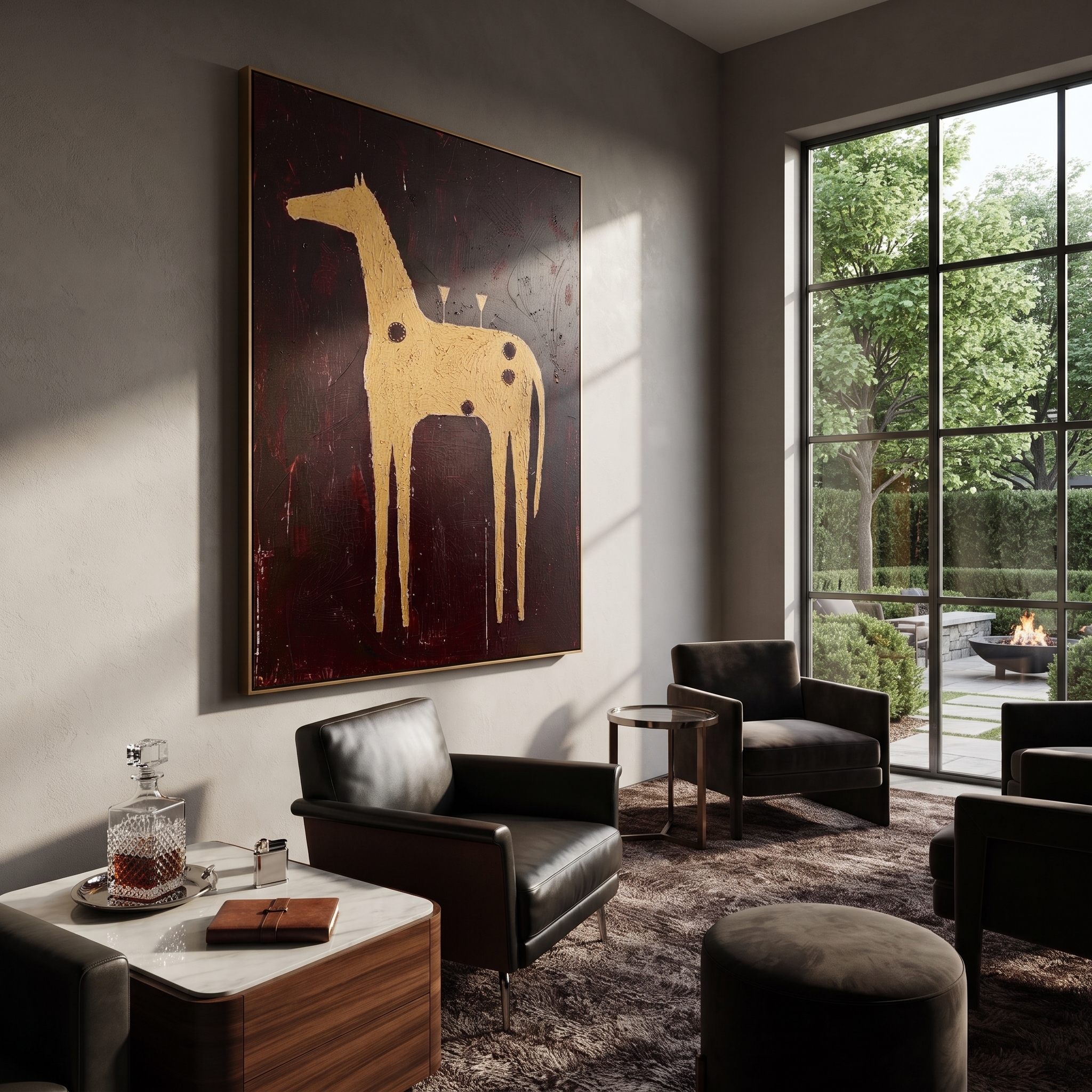 Amber Trail Rise into Light - folk horse painting by Isabelle Laurent, modern Western vertical wall art – styled room scene view 4
