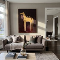Amber Trail Rise into Light - folk horse painting by Isabelle Laurent, modern Western vertical wall art – styled room scene view 5