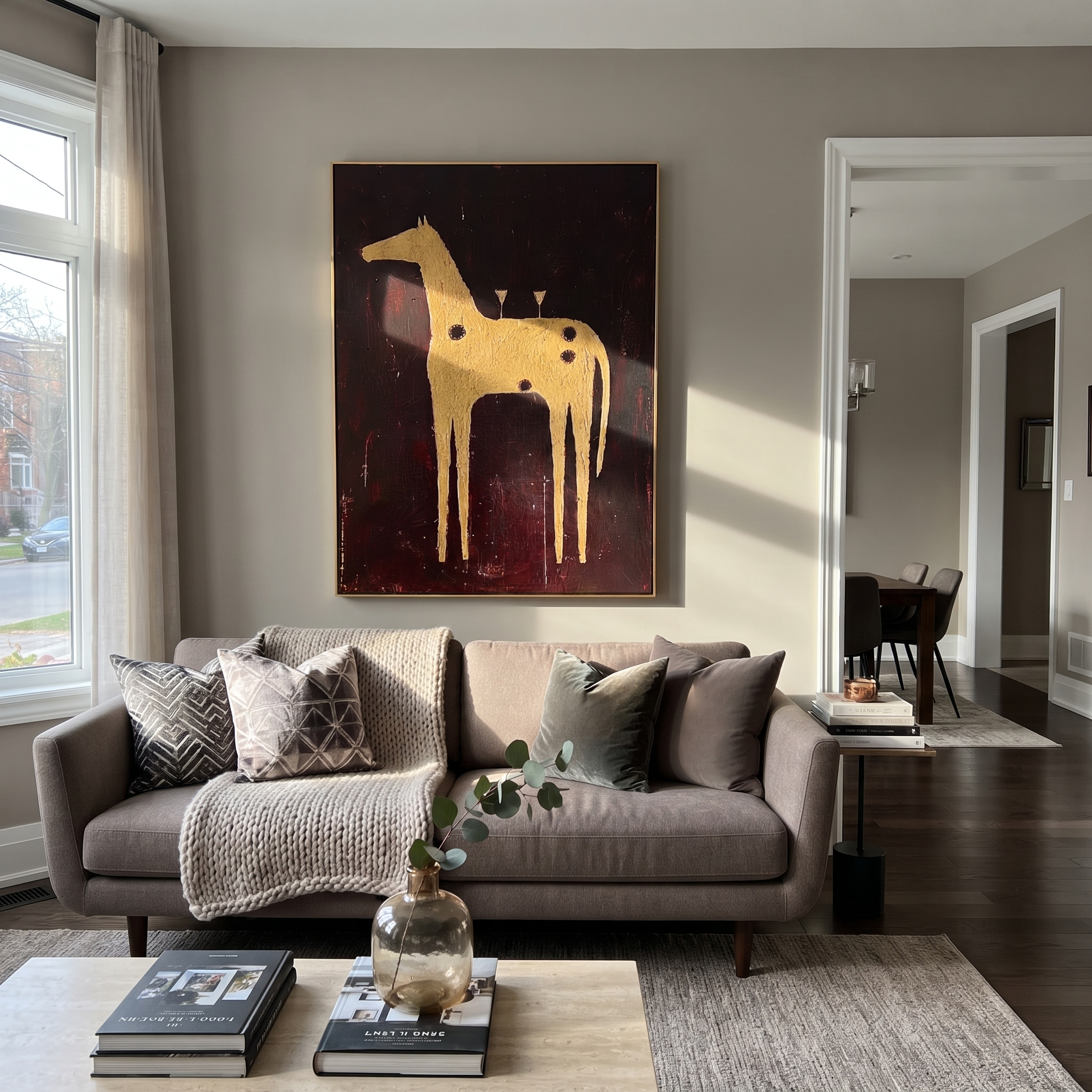 Amber Trail Rise into Light - folk horse painting by Isabelle Laurent, modern Western vertical wall art – styled room scene view 5