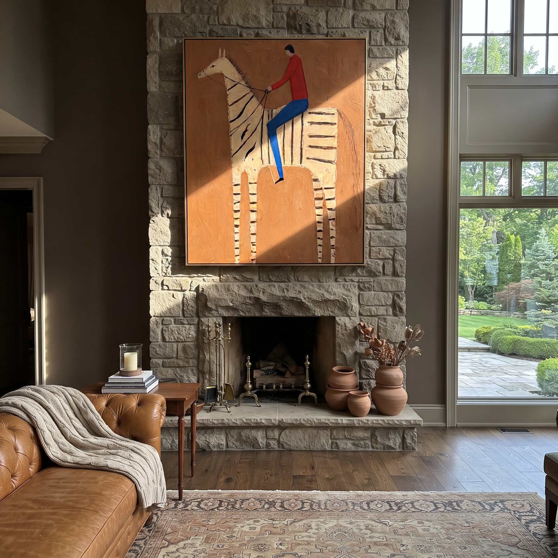 Still Hooves Share the Long Journey - horse and rider painting by Isabelle Laurent, modern Western vertical wall art – styled room scene view 1