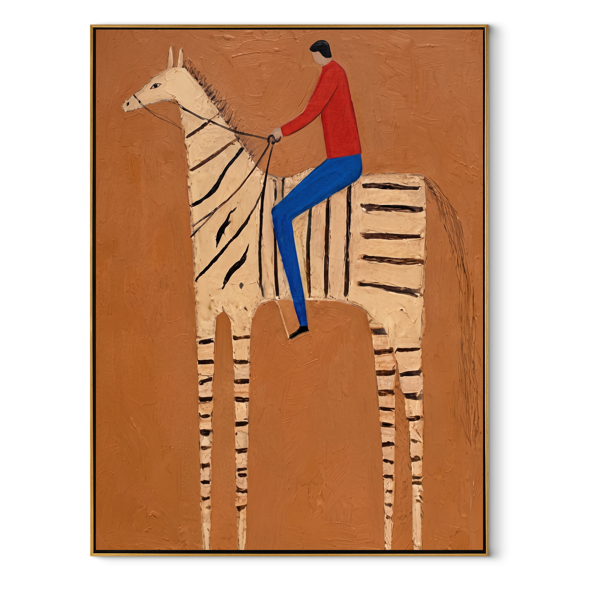Still Hooves Share the Long Journey - horse and rider painting by Isabelle Laurent, modern Western vertical wall art – wood frame on white background