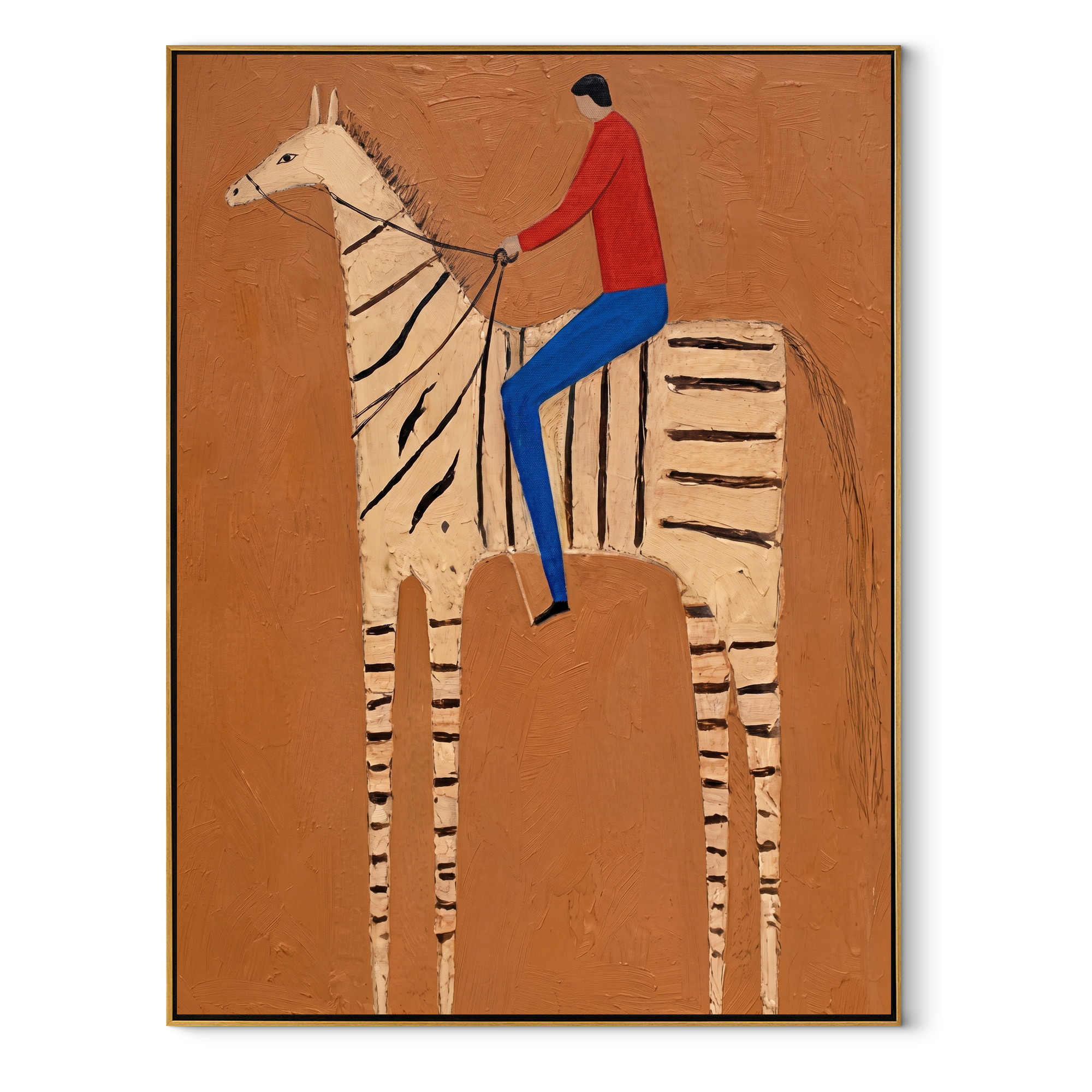 Still Hooves Share the Long Journey - horse and rider painting by Isabelle Laurent, modern Western vertical wall art – wood frame on white background