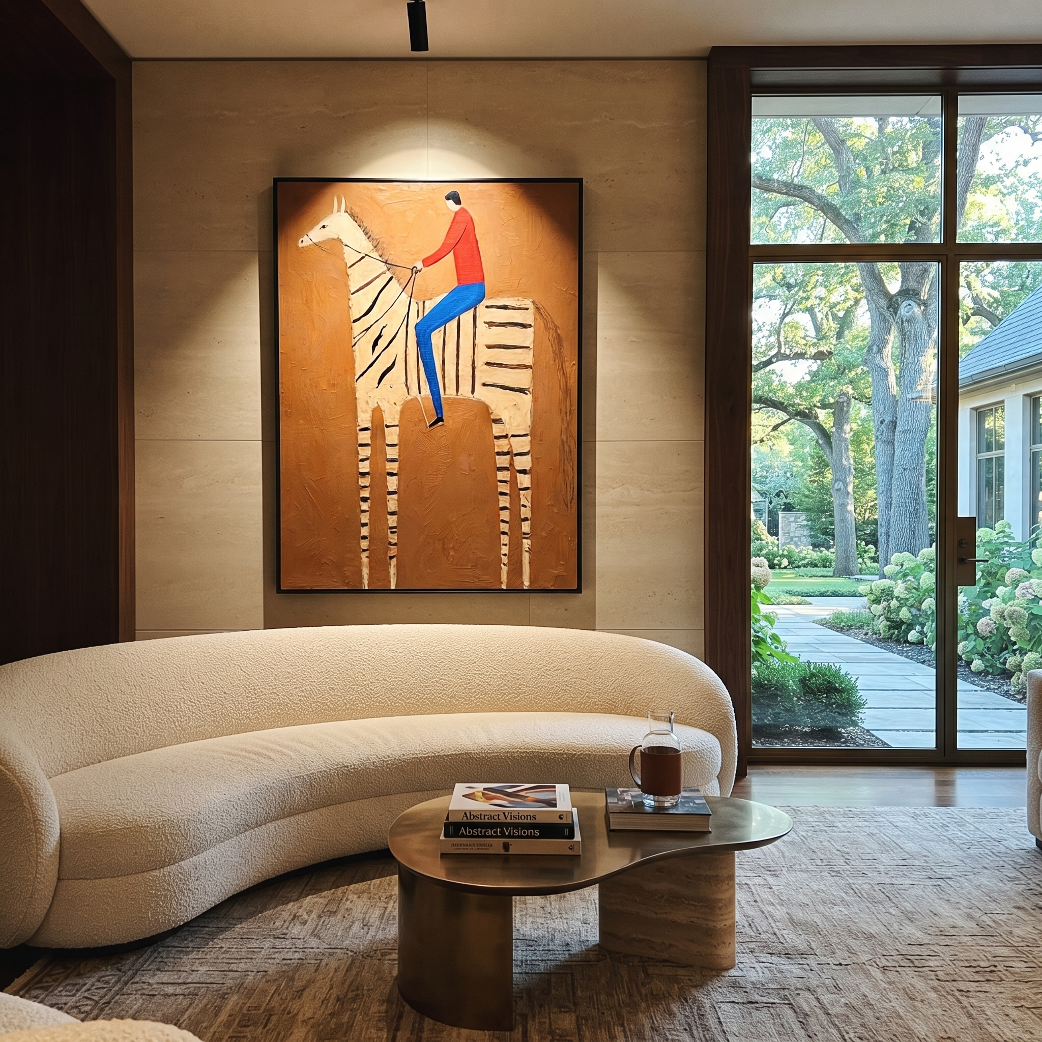 Still Hooves Share the Long Journey - horse and rider painting by Isabelle Laurent, modern Western vertical wall art – styled room scene view 2
