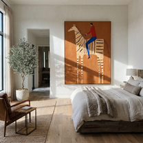 Still Hooves Share the Long Journey - horse and rider painting by Isabelle Laurent, modern Western vertical wall art – styled room scene view 3