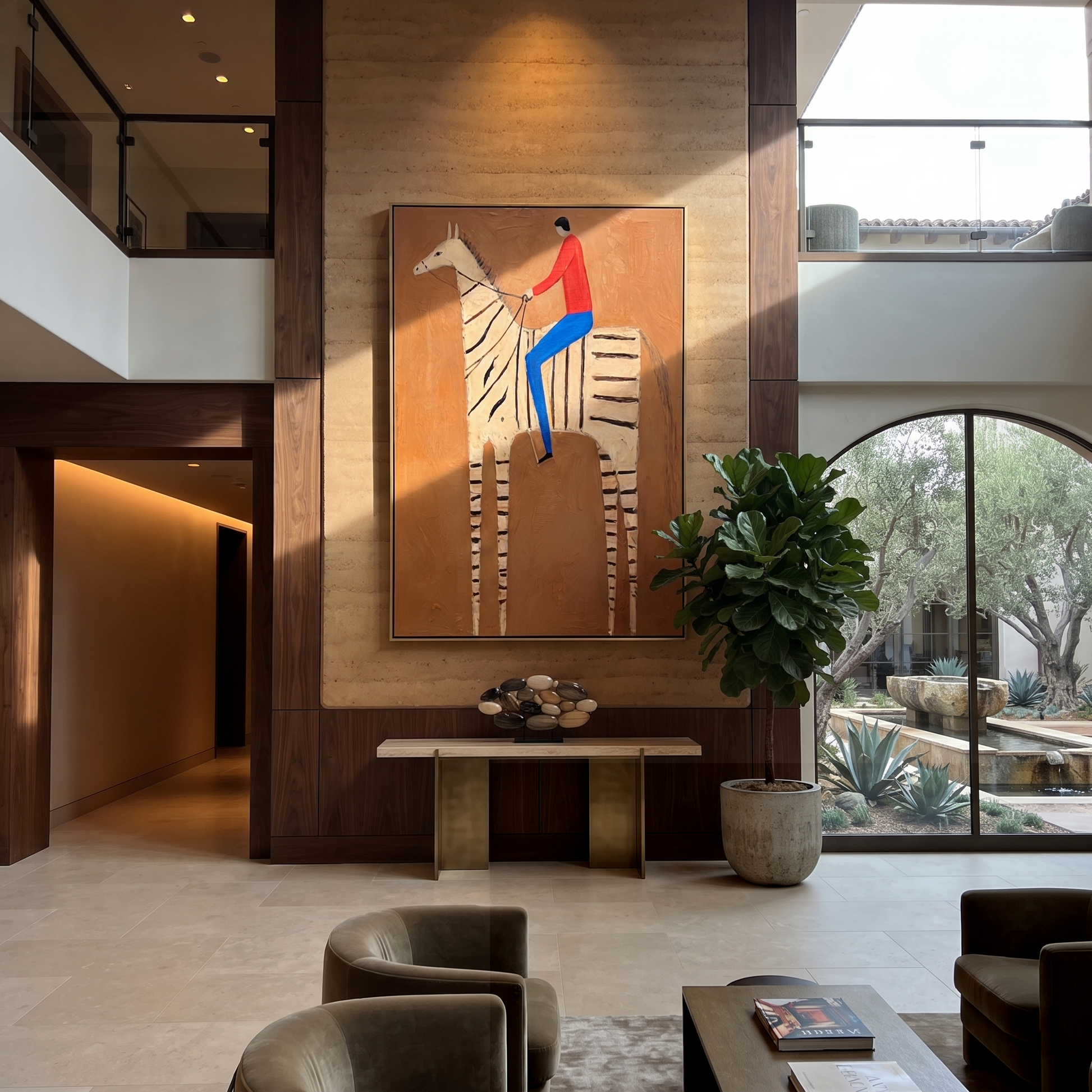 Still Hooves Share the Long Journey - horse and rider painting by Isabelle Laurent, modern Western vertical wall art – styled room scene view 4