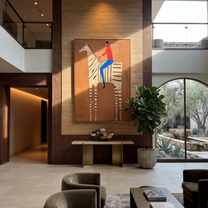 Still Hooves Share the Long Journey - horse and rider painting by Isabelle Laurent, modern Western vertical wall art – styled room scene view 4