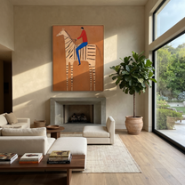 Still Hooves Share the Long Journey - horse and rider painting by Isabelle Laurent, modern Western vertical wall art – styled room scene view 5