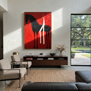Midnight Rider Share the Long Journey - horse and rider painting by Isabelle Laurent, modern Western vertical wall art – styled room scene view 1