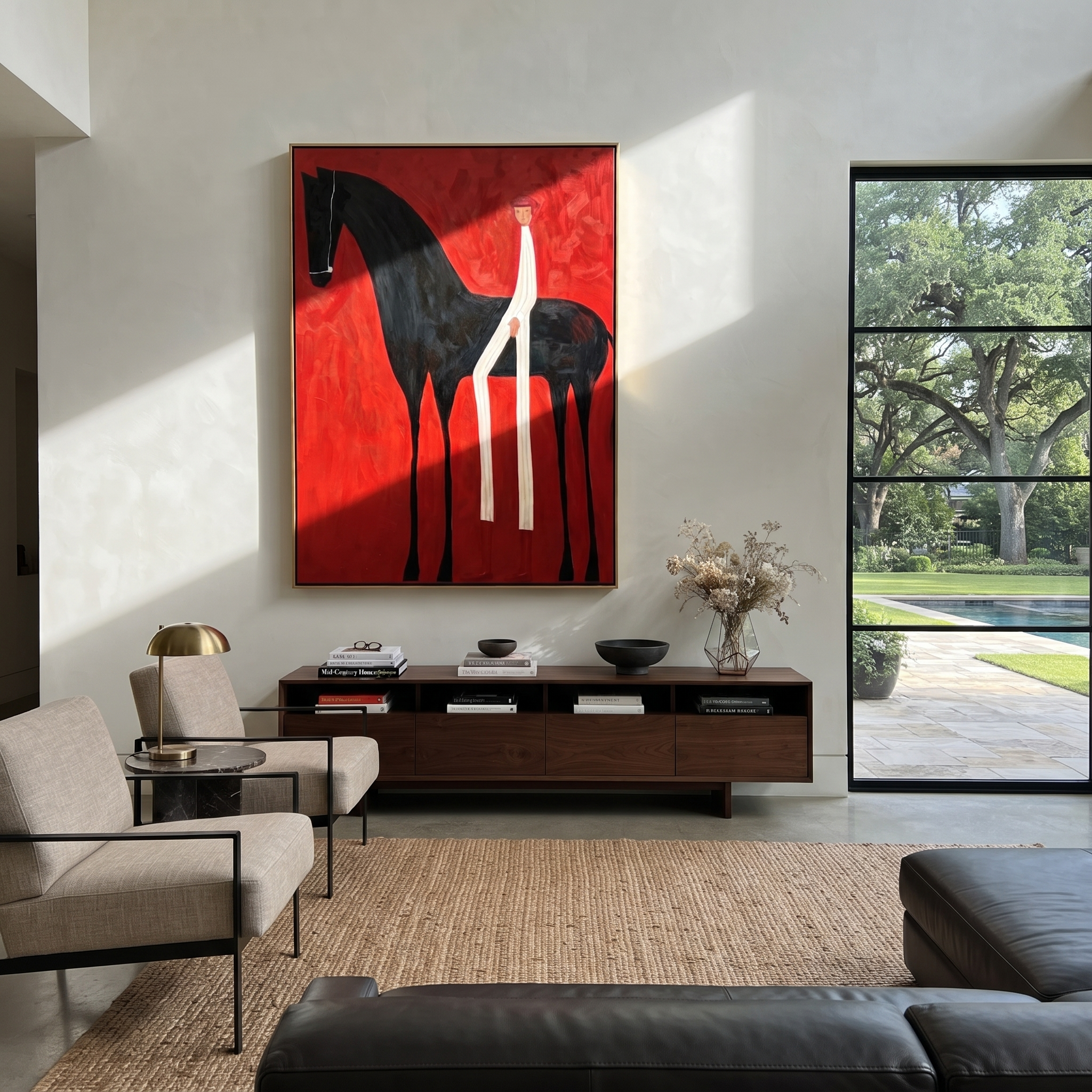 Midnight Rider Share the Long Journey - horse and rider painting by Isabelle Laurent, modern Western vertical wall art – styled room scene view 1