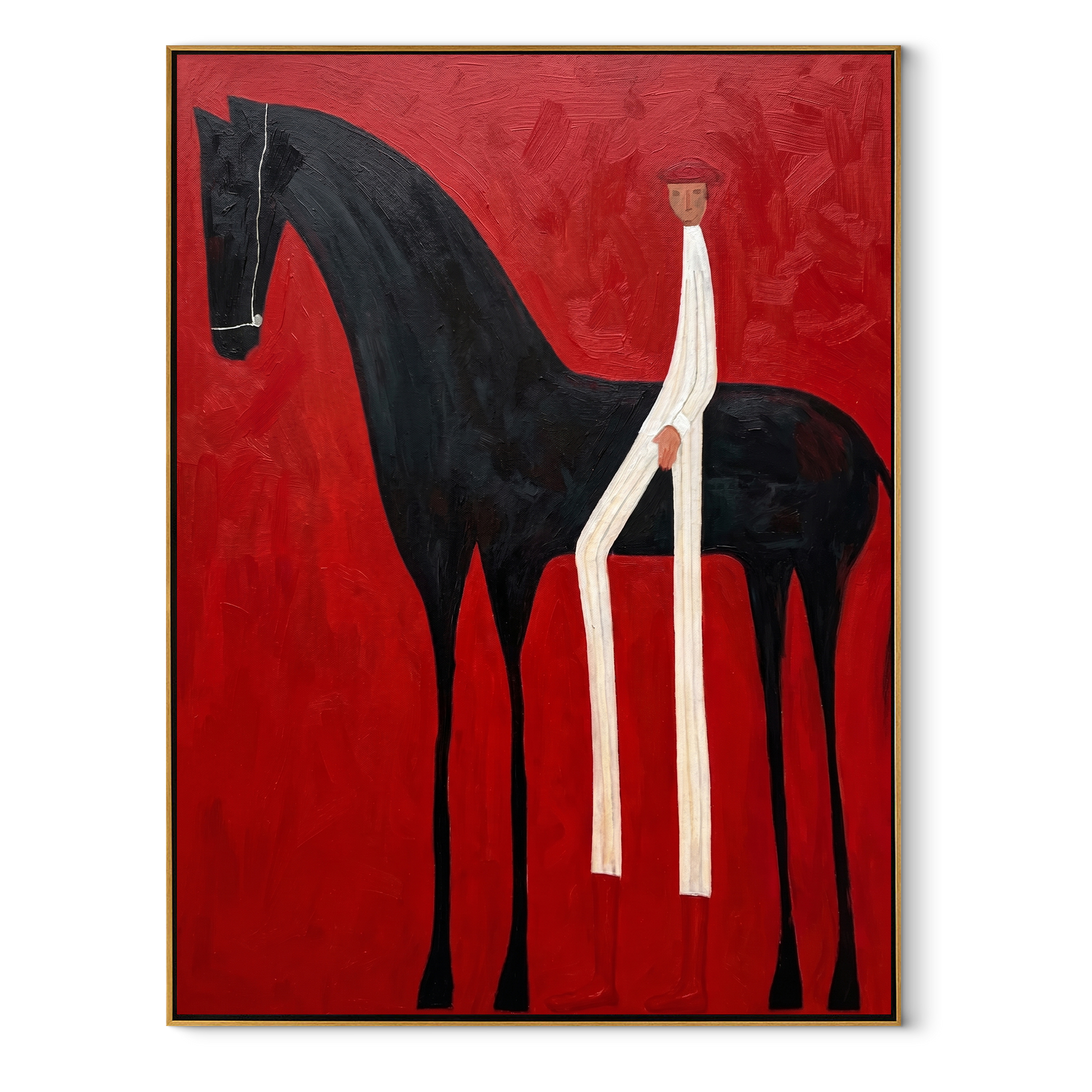 Midnight Rider Share the Long Journey - horse and rider painting by Isabelle Laurent, modern Western vertical wall art – wood frame on white background