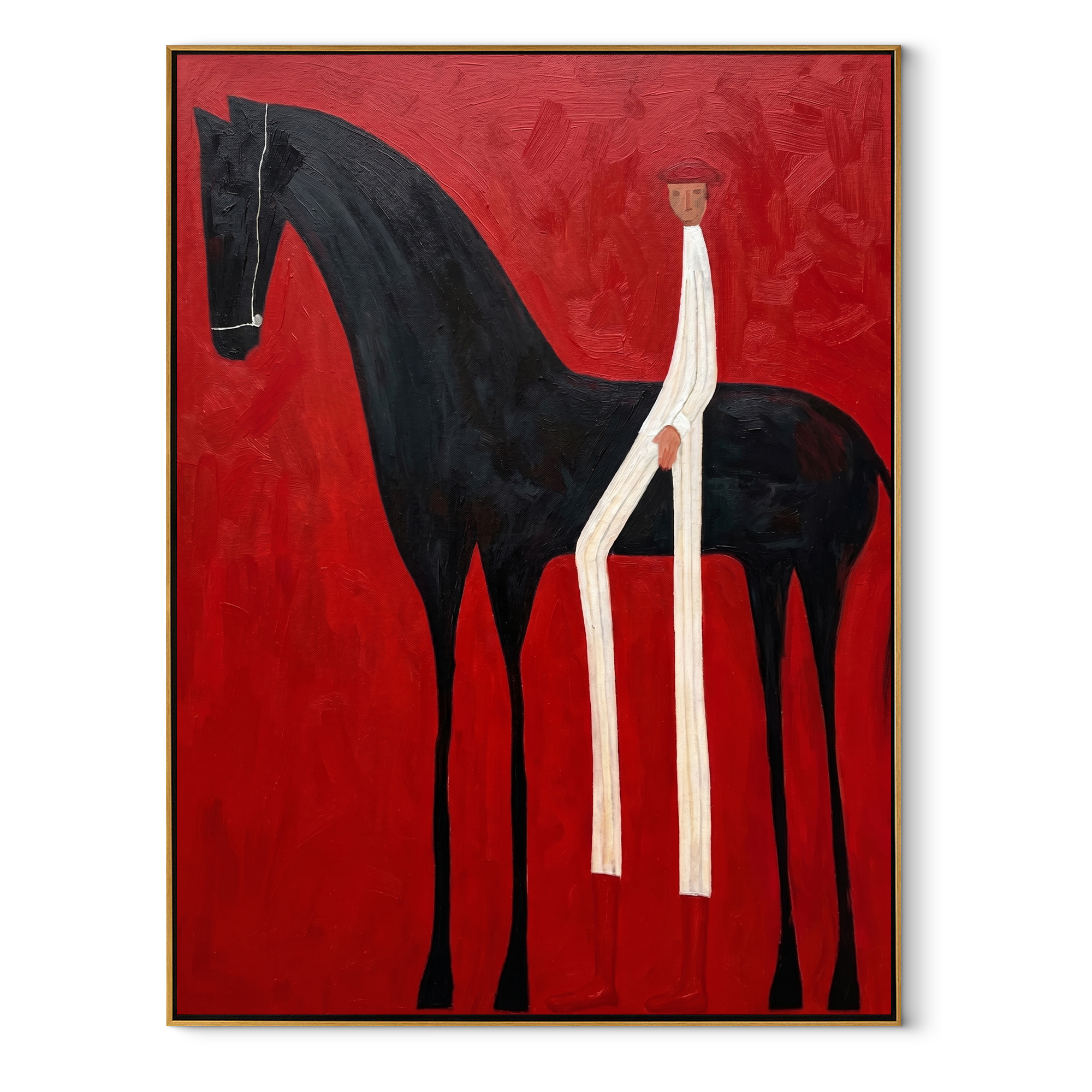 Midnight Rider Share the Long Journey - horse and rider painting by Isabelle Laurent, modern Western vertical wall art – wood frame on white background
