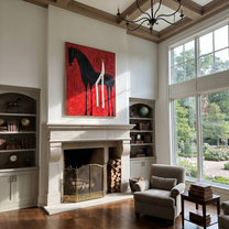 Midnight Rider Share the Long Journey - horse and rider painting by Isabelle Laurent, modern Western vertical wall art – styled room scene view 2