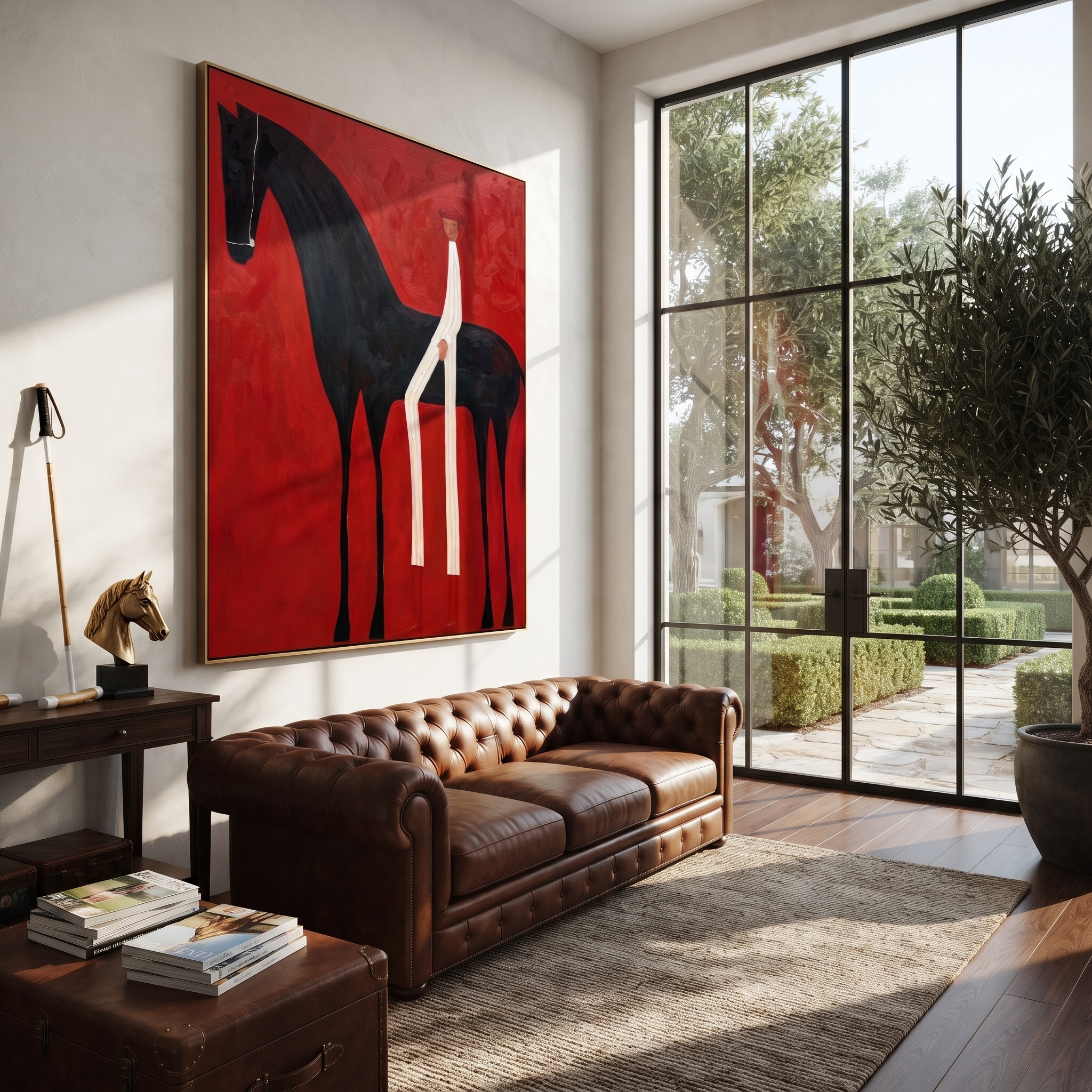 Midnight Rider Share the Long Journey - horse and rider painting by Isabelle Laurent, modern Western vertical wall art – styled room scene view 3