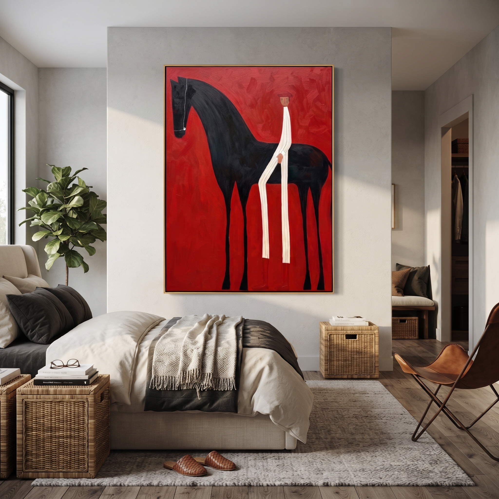 Midnight Rider Share the Long Journey - horse and rider painting by Isabelle Laurent, modern Western vertical wall art – styled room scene view 4