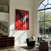 Midnight Rider Share the Long Journey - horse and rider painting by Isabelle Laurent, modern Western vertical wall art – styled room scene view 5