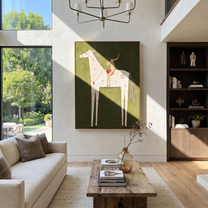 Quiet Reins Share the Long Journey - symbolic horse and rider painting by Isabelle Laurent, modern Western vertical wall art – styled room scene view 1