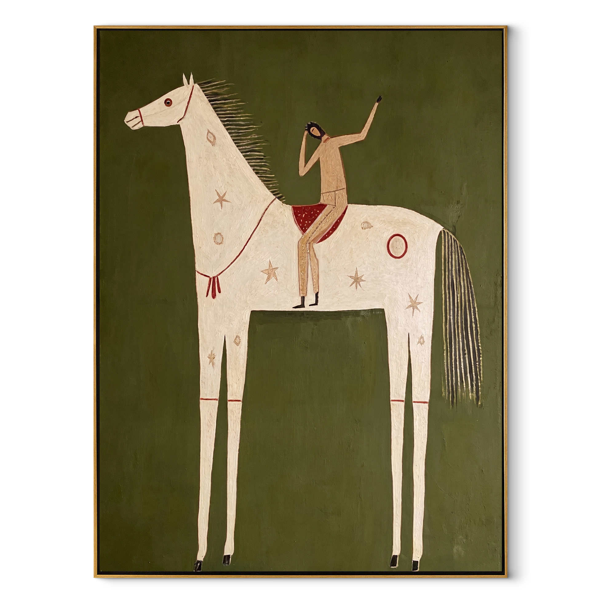 Quiet Reins Share the Long Journey - symbolic horse and rider painting by Isabelle Laurent, modern Western vertical wall art – wood frame on white background