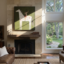 Quiet Reins Share the Long Journey - symbolic horse and rider painting by Isabelle Laurent, modern Western vertical wall art – styled room scene view 2