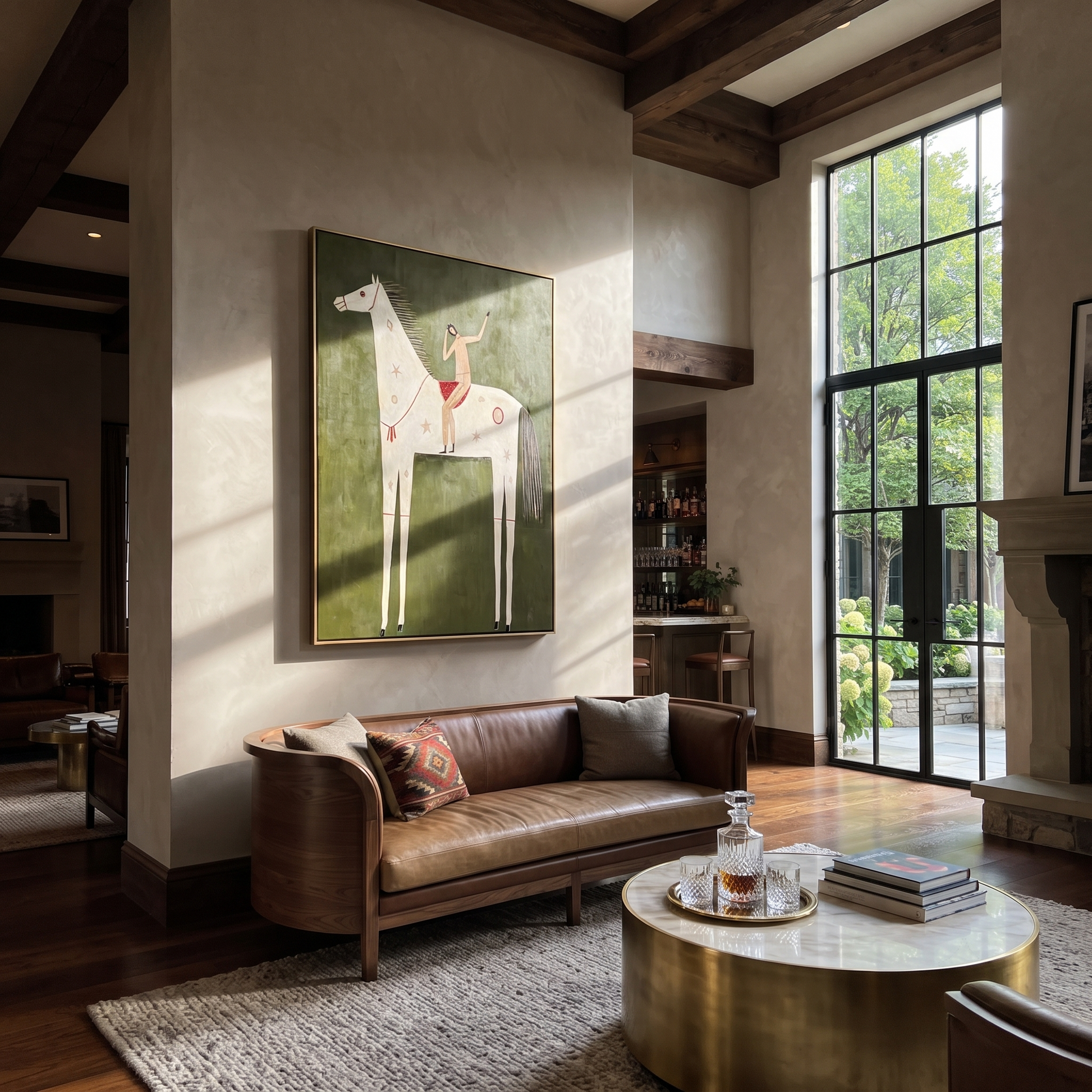 Quiet Reins Share the Long Journey - symbolic horse and rider painting by Isabelle Laurent, modern Western vertical wall art – styled room scene view 3